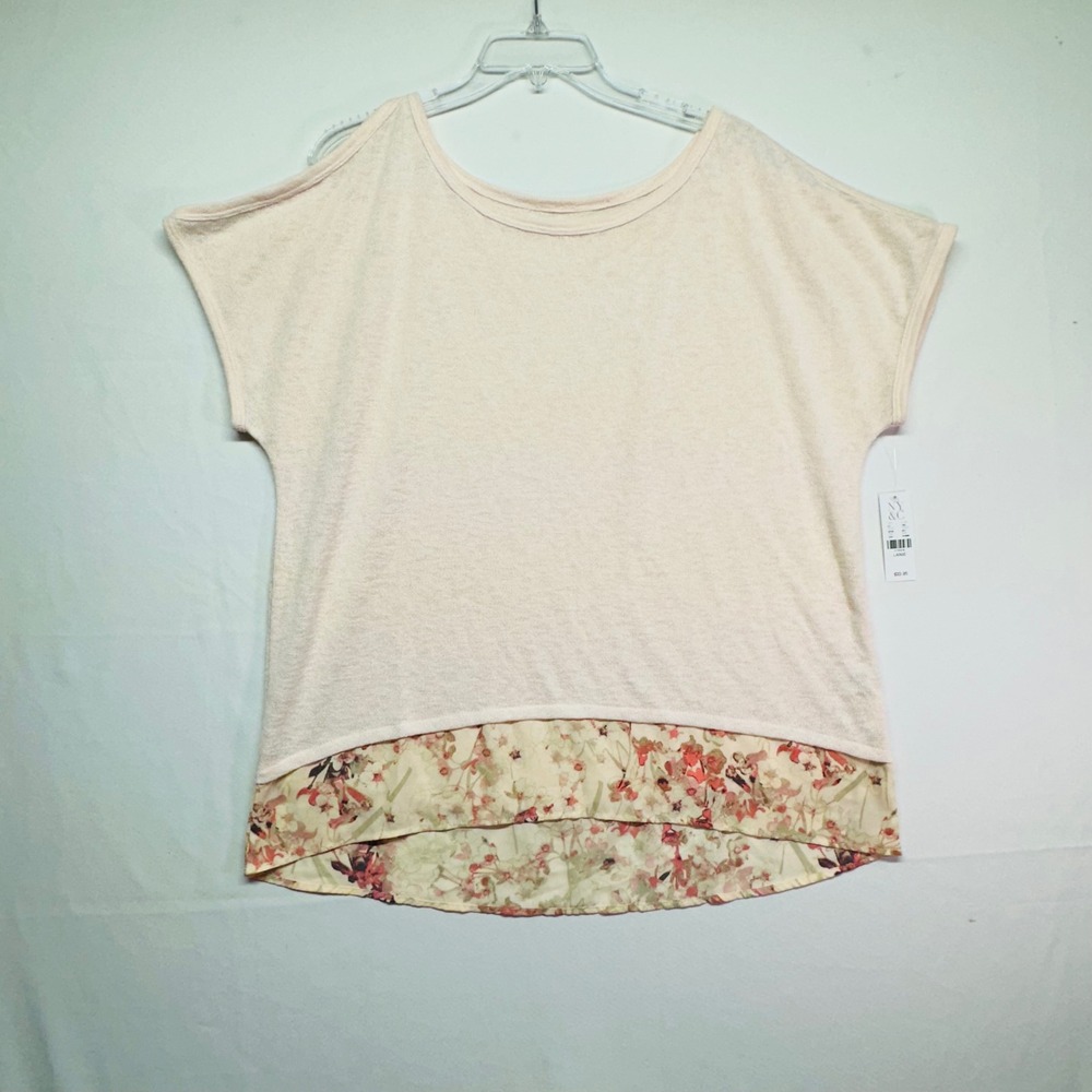 NY&C NWT Light Cream Sweater Short Sleeves Open Shoulder Floral Trim Women's L‎